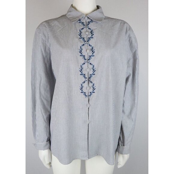 WOMEN'S STRIPED FLORAL EMBROIDERED BUTTON UP SHIRT - BAXTER & WELLS - SIZE 14 - Picture 1 of 10